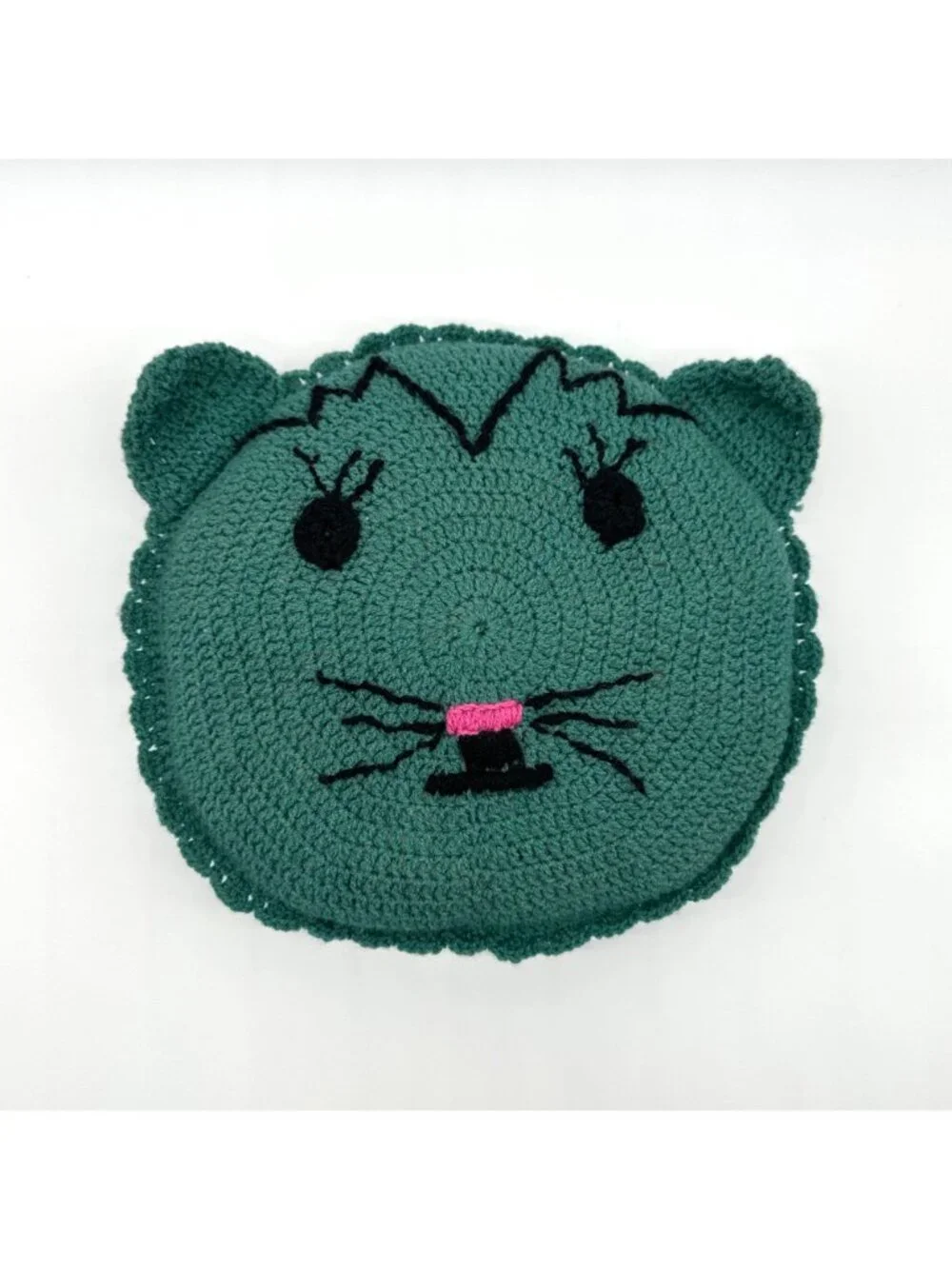 Vintage Cat Throw Pillow Crocheted Kitty Green Round Pink Nose Stuffed Handmade